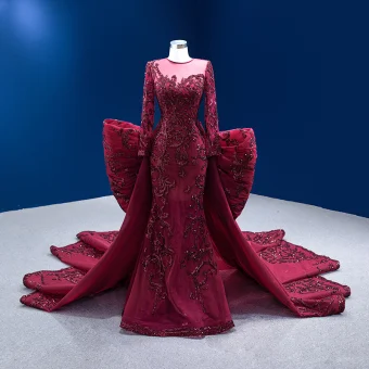 Vintage Retro High End Burgundy Sequins Evening Dresses 2022 Trumpet Mermaid Scoop Neck Long Sleeve Bow Royal Train Prom Formal Dresses