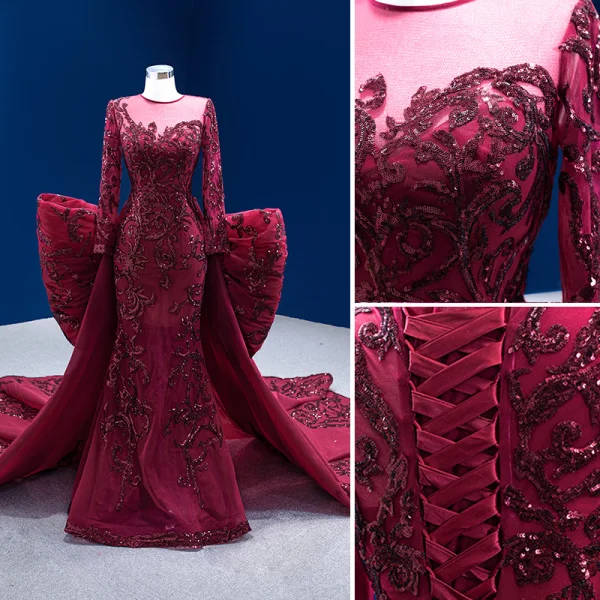 Vintage / Retro High-end Burgundy Sequins Evening Dresses 2022 Trumpet / Mermaid Scoop Neck Long Sleeve Bow Royal Train Prom Formal Dresses