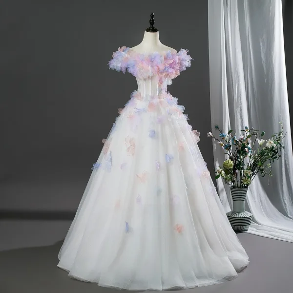 Blumenfee Multifarben Applikationen Weiß Ballkleider 2026 Ballkleid Rundhalsausschnitt Kurze Ärmel Rückenfreies Lange Festliche Kleider