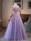 Chic / Beautiful Lavender Beading Sequins Prom Dresses 2025 A-Line / Princess Off-The-Shoulder Sleeveless Backless Floor-Length / Long Formal Dresses