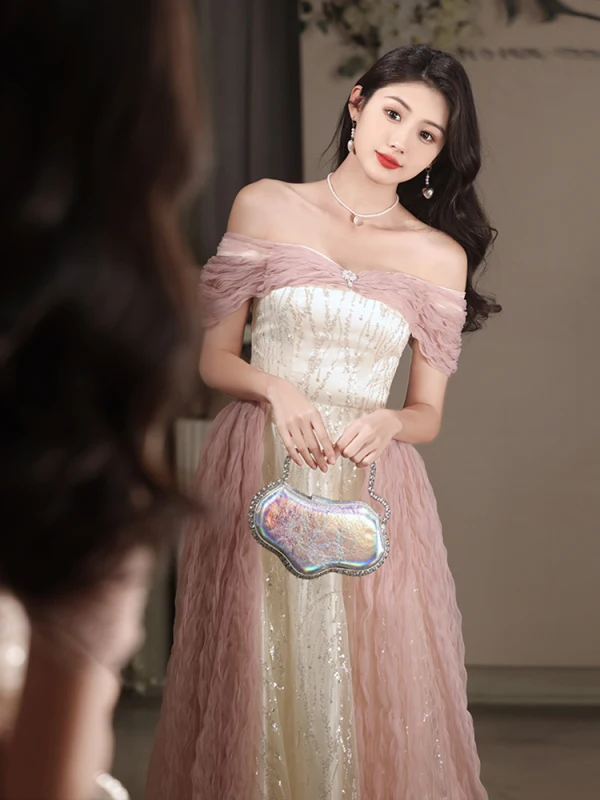 Mode Rougissant Rose Perle Paillettes Robe De Bal 2023 Princesse De l'épaule Sans Manches Dos Nu Longue Promo Robe De Ceremonie