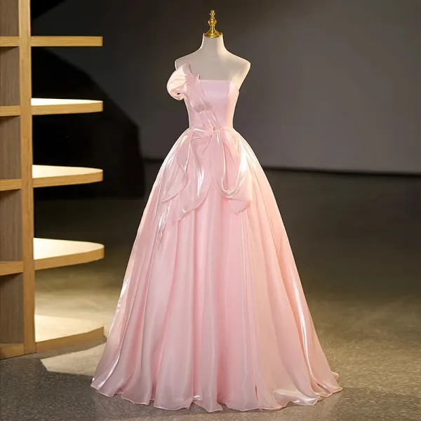 Lovely Candy Pink Prom Dresses 2023 Ball Gown Organza Strapless Sleeveless Backless Floor-Length / Long Prom Formal Dresses