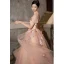 Elegant Blushing Pink Pearl Lace Flower Prom Dresses 2023 A-Line / Princess Square Neckline Short Sleeve Backless Floor-Length / Long Prom Formal Dresses