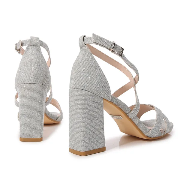 Charmant Argenté Soirée Sandales Femme 2022 X-Strap 9 cm Talons Épais Peep Toes / Bout Ouvert Sandales Talons Hauts
