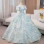Elegant Sky Blue Printing Sequins Prom Dresses 2024 Ball Gown V-Neck Short Sleeve Backless Floor-Length / Long Prom Formal Dresses