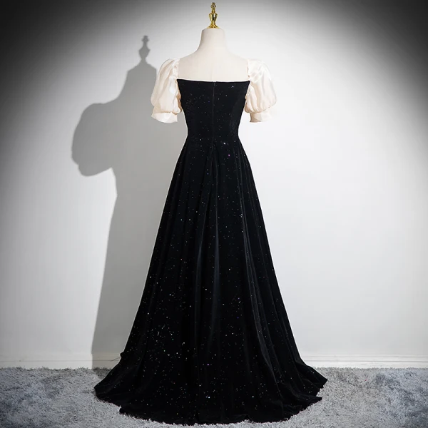Elegante Schwarz Glanz Ballkleider 2024 A Linie Eckiger Ausschnitt Kurze Ärmel Rückenfreies Lange Ball Festliche Kleider
