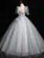 Bling Bling Sky Blue Sequins Appliques Prom Dresses 2024 Ball Gown Square Neckline Short Sleeve Backless Floor-Length / Long Prom Formal Dresses