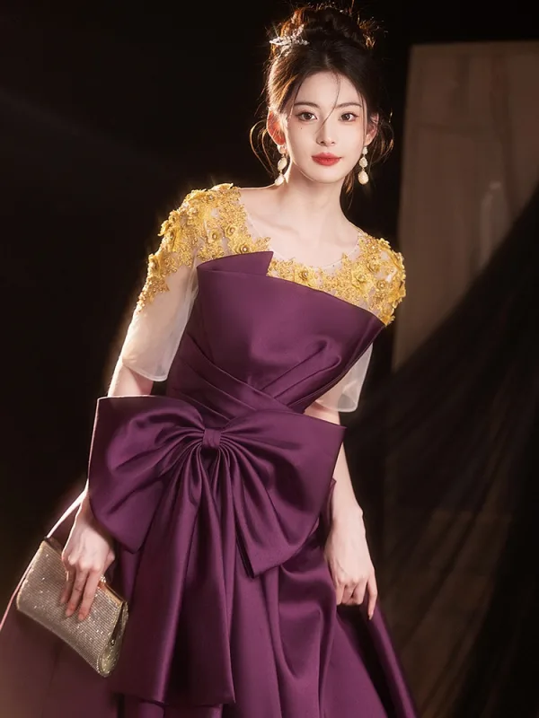 Elegant Purple Beading Lace Flower Bow Satin Prom Dresses 2025 A-Line / Princess Scoop Neck Short Sleeve Backless Floor-Length / Long Prom Formal Dresses