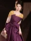 Elegant Purple Beading Lace Flower Bow Satin Prom Dresses 2025 A-Line / Princess Scoop Neck Short Sleeve Backless Floor-Length / Long Prom Formal Dresses