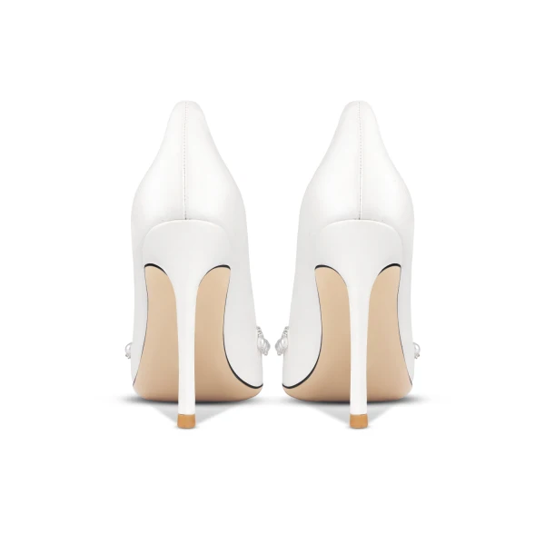 Stijlvolle Witte Parel Rhinestone Bruidsschoenen 2024 Leer 10 cm Naaldhakken / Stiletto Spitse Neus Huwelijk Pumps Hoge Hakken