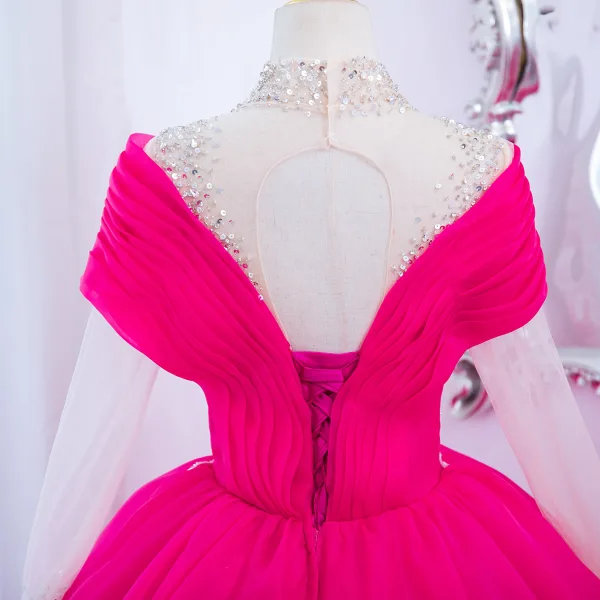 Fancy Fuchsia Beading Butterfly Sequins Prom Dresses 2024 Ball Gown High Neck Long Sleeve Backless Floor-Length / Long Prom Formal Dresses