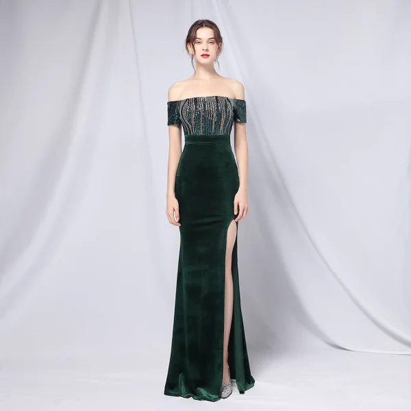 Sexy Black Sequins Evening Dresses 2022 Trumpet / Mermaid Off-The-Shoulder Short Sleeve Backless Split Front Floor-Length / Long Prom Formal Dresses