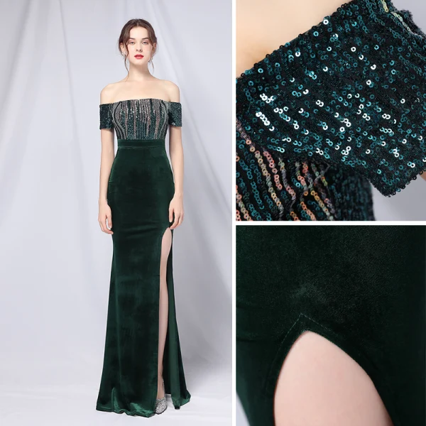 Sexy Black Sequins Evening Dresses 2022 Trumpet / Mermaid Off-The-Shoulder Short Sleeve Backless Split Front Floor-Length / Long Prom Formal Dresses