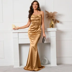 Sexy Gold Evening Dresses 2022 Trumpet Mermaid Spaghetti Straps Sleeveless Backless Sweep Train Evening Party Formal Dresses