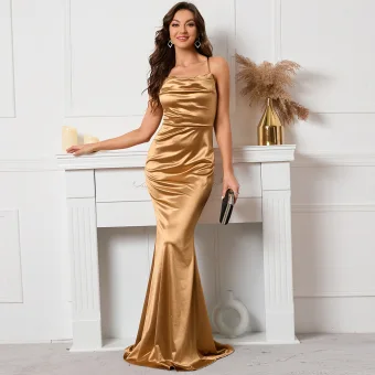 Sexy Doré Robe De Soirée 2022 Trompette Sirène Bretelles Spaghetti Sans Manches Dos Nu Train De Balayage Soirée Robe De Ceremonie