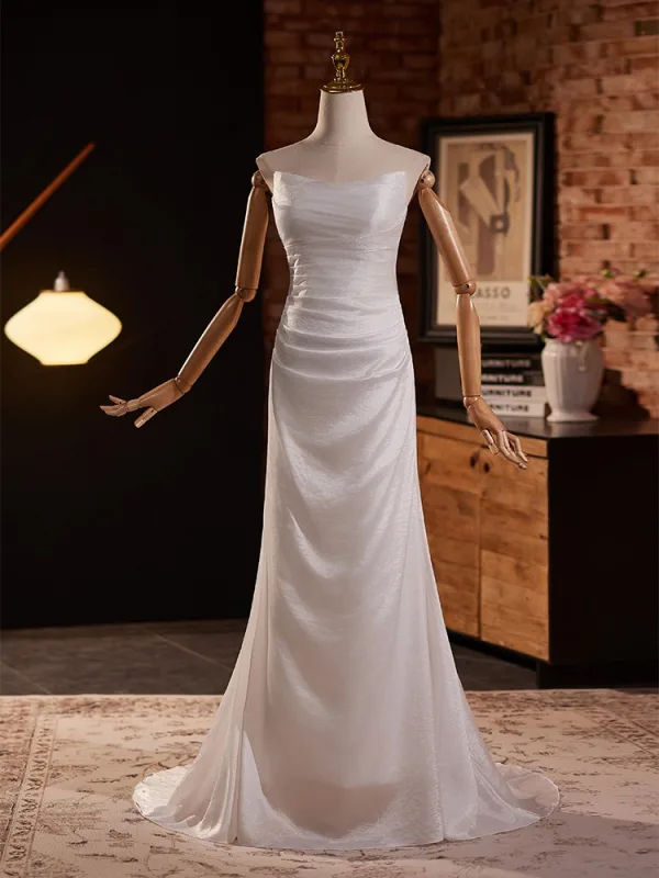 Modest / Simple White Satin Prom Dresses 2024 Trumpet / Mermaid Strapless Sleeveless Backless Sweep Train Prom Formal Dresses