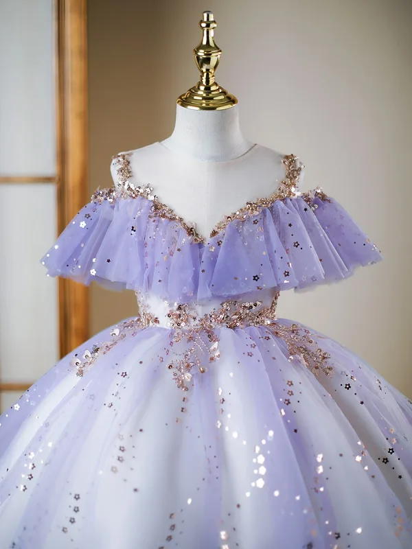 Fashion Lavender Beading Star Sequins Lace Flower Asymmetrical Birthday Flower Girl 2024