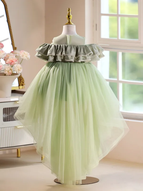 Chic / Belle Vert Cendré Perle Volants Asymétrique Anniversaire Robe Ceremonie Fille 2025 Robe Boule Encolure Dégagée Manches Courtes