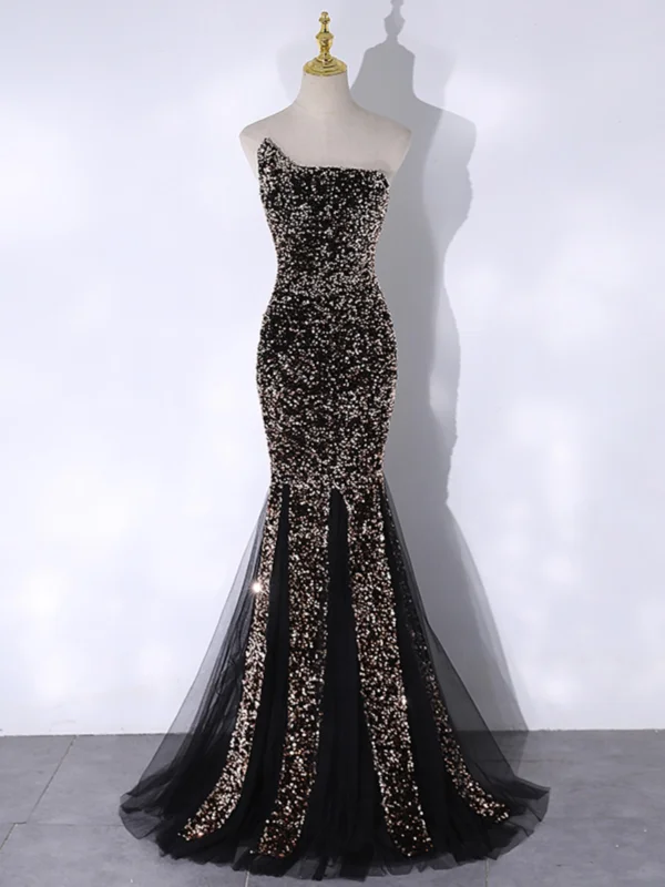 Sparkly Black Gold Sequins Evening Dresses 2024 Trumpet / Mermaid Strapless Sleeveless Backless Floor-Length / Long Evening Party Formal Dresses