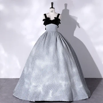 Elegant Black Prom Dresses 2022 Ball Gown Square Neckline Pool Blue Spotted Sleeveless Backless Bow Floor Length Long Formal Dresses