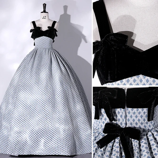 Élégant Noire Robe De Bal 2022 Robe Boule Encolure Carrée Bleu Tachetée Sans Manches Dos Nu Noeud Longue Robe De Ceremonie