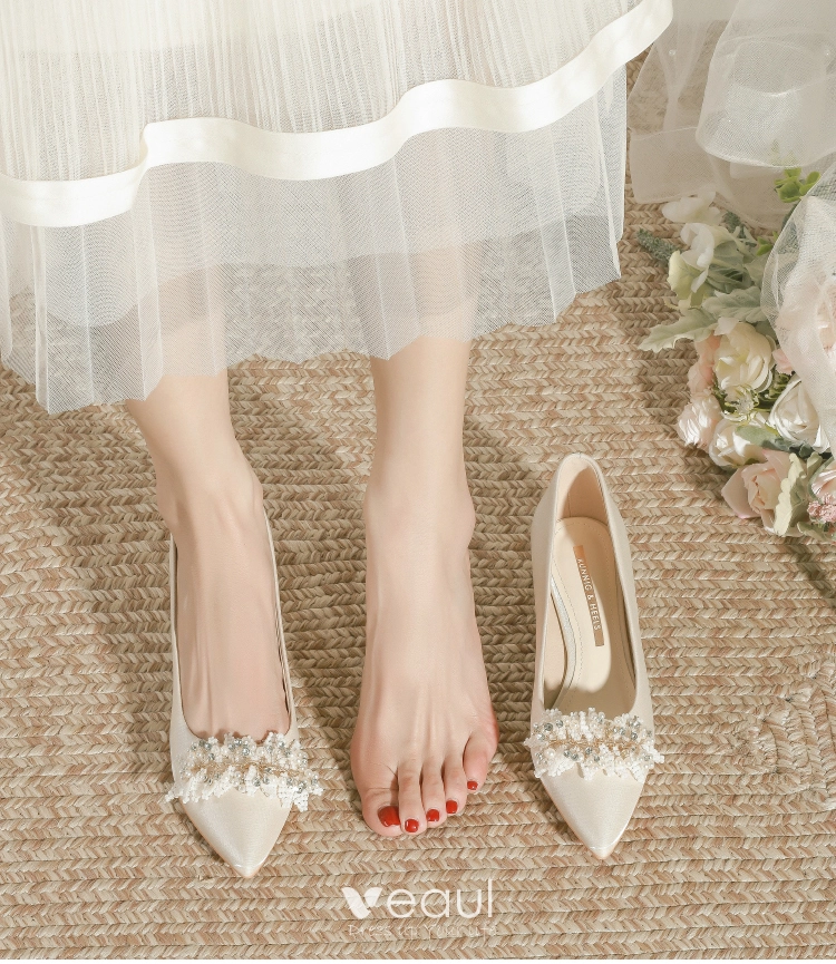 3cm New Fashion Pointed Toe Pumps Pearl Beaded Sexy Block Heels Bridesmaid  Silver Women Shoes 41 42 43