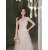 Fashion White Lace Butterfly Prom Dresses 2022 A-Line / Princess Scoop Neck Sleeveless Backless Floor-Length / Long Formal Dresses