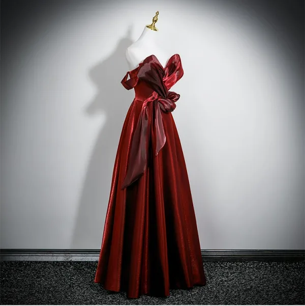 Charming Burgundy Prom Dresses 2025 A-Line / Princess Strapless Sleeveless Backless Floor-Length / Long Formal Dresses