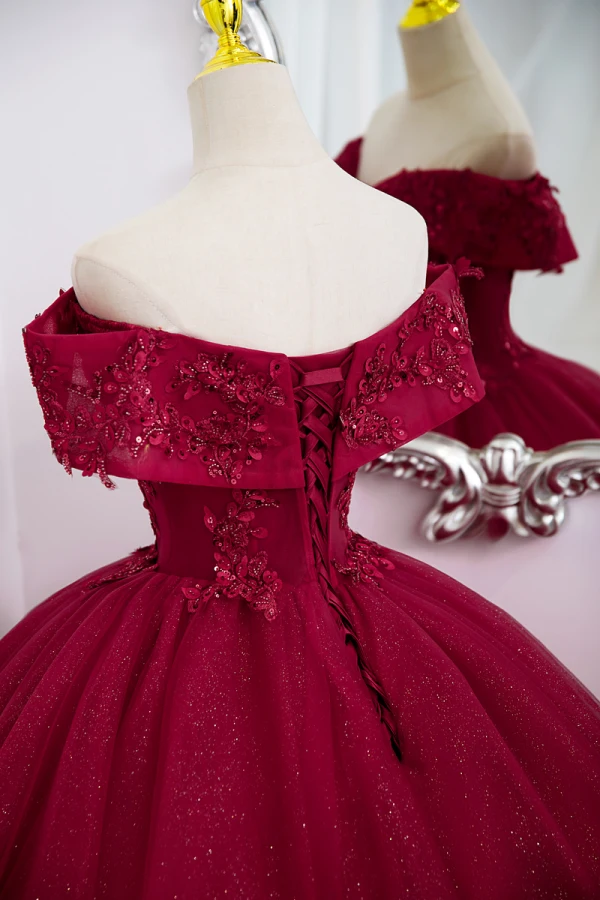 Elegant Burgundy Beading Sequins Lace Flower Prom Dresses 2022 Ball Gown Off-The-Shoulder Short Sleeve Backless Floor-Length / Long Prom Formal Dresses