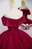 Elegant Burgundy Beading Sequins Lace Flower Prom Dresses 2022 Ball Gown Off-The-Shoulder Short Sleeve Backless Floor-Length / Long Prom Formal Dresses