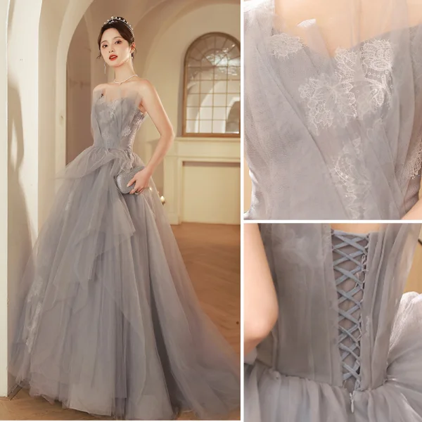 Charmant Argenté Gris Paillettes En Dentelle Fleur Robe De Soirée 2023 Princesse Bustier Sans Manches Dos Nu Volants en Cascade Longue Soirée Robe De Ceremonie