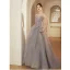 Charmant Argenté Gris Paillettes En Dentelle Fleur Robe De Soirée 2023 Princesse Bustier Sans Manches Dos Nu Volants en Cascade Longue Soirée Robe De Ceremonie