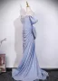 Charmant Bling Bling Bleu Ciel Perlage Faux Diamant Robe De Bal 2026 Princesse De l'épaule Manches Courtes Dos Nu Noeud Train De Balayage Robe De Ceremonie