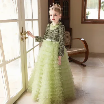 Sparkly Sage Green Cascading Ruffles Sequins Birthday Flower Girl Dresses 2024 A Line Princess High Neck Long Sleeve Bow Sash Floor Length Long Flower Girl Dresses