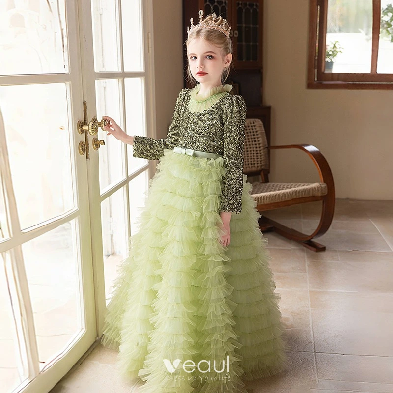 Sparkly Sage Green Cascading Ruffles Sequins Birthday Flower Girl Dresses 2024 A-Line / Princess High Neck Long Sleeve Bow Sash Floor-Length / Long Flower Girl Dresses Sparkly Sage Green Cascading Ruffles Sequins Birthday Flower Girl Dresses 2024 A-Line / Princess High Neck Long Sleeve Bow Sash Floor-Length / Long Flower Girl Dresses