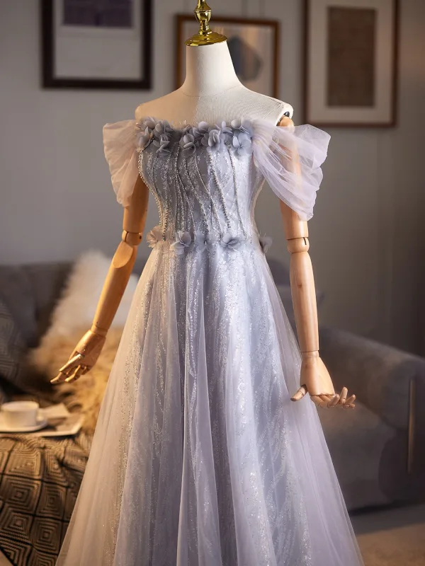 Elegant Grey Beading Sequins Appliques Prom Dresses 2026 A-Line / Princess Off-The-Shoulder Short Sleeve Backless Floor-Length / Long Prom Formal Dresses
