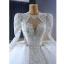 Luxury / Gorgeous Sparkly White Handmade  Beading Pearl Rhinestone Sequins Cascading Ruffles Wedding Dresses 2023 Ball Gown Scoop Neck Long Sleeve Backless