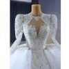 Luxury / Gorgeous Sparkly White Handmade  Beading Pearl Rhinestone Sequins Cascading Ruffles Wedding Dresses 2023 Ball Gown Scoop Neck Long Sleeve Backless