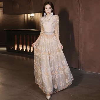 Chic Belle Champagne Paillettes En Dentelle Fleur Robe De Bal 2024 Princesse Encolure Dégagée 3 4 Manches Longue Promo Robe De Ceremonie