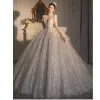 Charming White Beading Glitter Sequins Wedding Dresses 2023 Ball Gown High Neck Long Sleeve Backless Floor-Length / Long Wedding