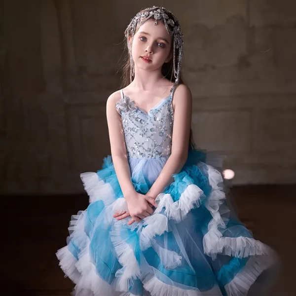 Charmant Himmelblau Perlenstickerei Pailletten Geburtstag Fallende Rüsche Blumenmädchenkleider Ballkleid 2025 Spaghettiträger Ärmellos Rückenfreies Asymmetrisch