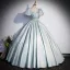 Chic / Belle Vert Cendré Satin Robe De Bal 2023 Robe Boule Encolure Carrée Gonflée Manches Courtes Dos Nu Faux Diamant Noeud Ceinture Longue Promo Robe De Ceremonie