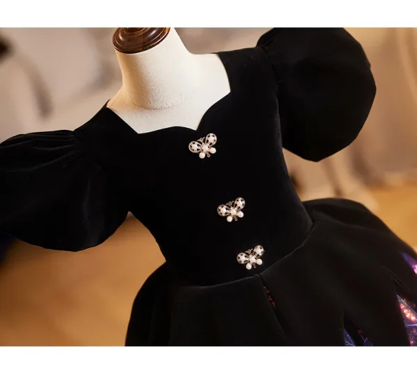 Vintage / Retro Black Sequins Lace Flower Birthday Flower Girl Dresses 2025 Ball Gown Square Neckline Puffy Short Sleeve Backless Floor-Length / Long