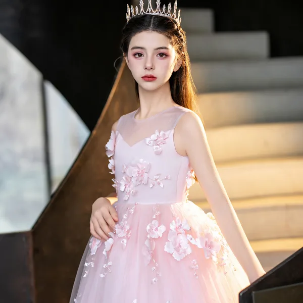 Flower Fairy Blushing Pink Pearl Appliques Birthday Flower Girl Dresses 2025 Ball Gown Scoop Neck Sleeveless Backless Floor-Length / Long