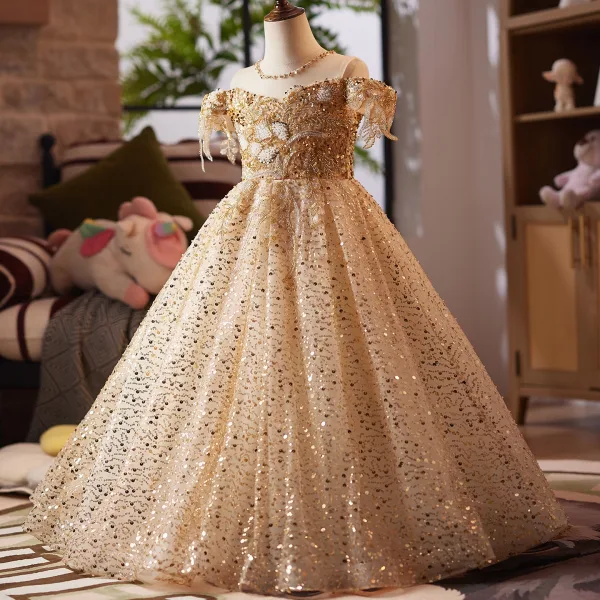 Sparkly Gold Beading Sequins Birthday Flower Girl Dresses 2025 Ball Gown Scoop Neck Short Sleeve Backless Floor-Length / Long Tulle