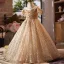 Sparkly Gold Beading Sequins Birthday Flower Girl Dresses 2025 Ball Gown Scoop Neck Short Sleeve Backless Floor-Length / Long Tulle