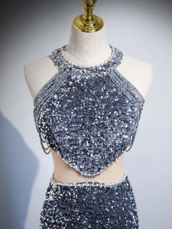 Glitzernden Meeresblau Perlenstickerei Pailletten Quaste Abendkleider 2023 Meerjungfrau Neckholder Ärmellos Rückenfreies Sweep / Pinsel Zug Abend Festliche Kleider