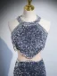 Glitzernden Meeresblau Perlenstickerei Pailletten Quaste Abendkleider 2023 Meerjungfrau Neckholder Ärmellos Rückenfreies Sweep / Pinsel Zug Abend Festliche Kleider