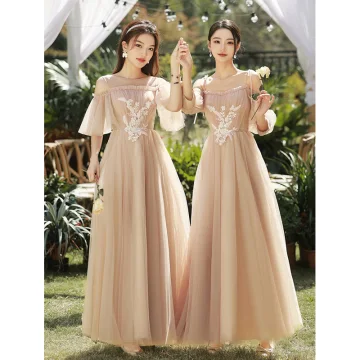 Modest Simple Champagne Lace Flower Bridesmaid Dresses 2023 A Line Princess Scoop Neck Short Sleeve Backless Floor Length Long Bridesmaid Dresses