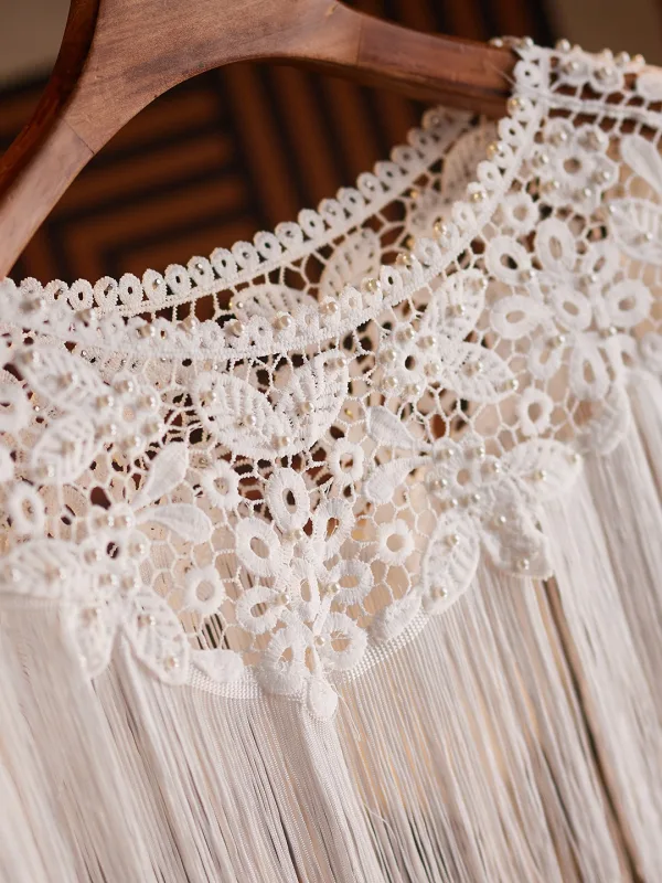 Vintage / Retro White Handmade Pearl Lace Flower Tassel shawl 2025 Scoop Neck